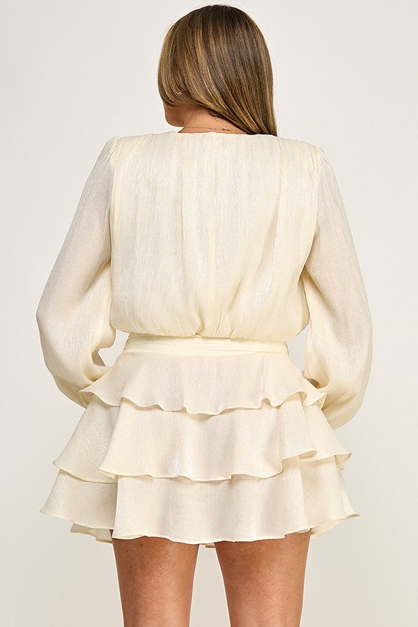 2pc set-Metallic Organza Long Sleeve Top & Tiered Mini Skirt