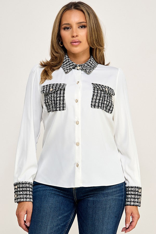 Long Sleeve Tweed Flap Pocket with Pearl Button Detail