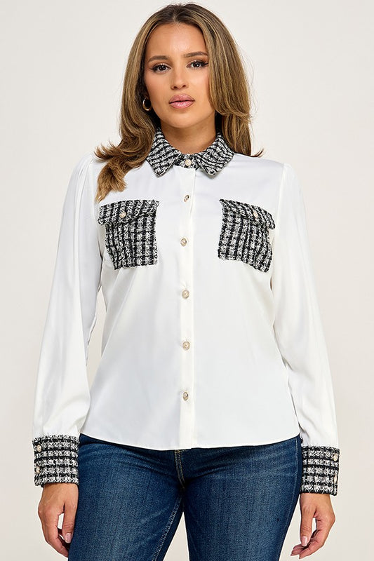 Long Sleeve Tweed Flap Pocket with Pearl Button Detail