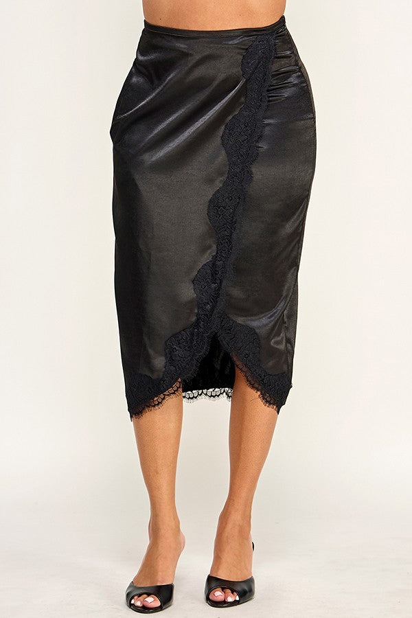 Lace Trim Edge Detail Wrap Midi Skirt