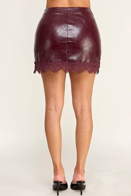 Faux Leather Lace Hem Mini Skirt