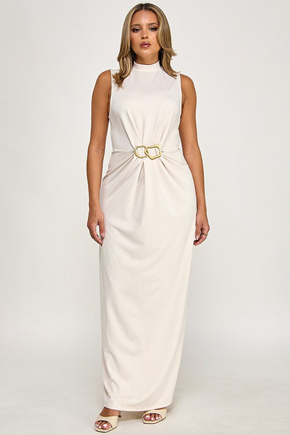 Sleeveless High Neck with Waist Ruched Maxi Dress