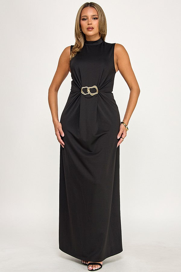 Sleeveless High Neck with Waist Ruched Maxi Dress
