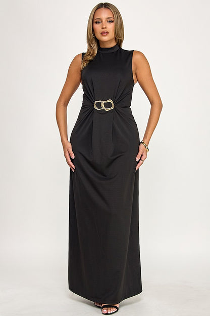 Sleeveless High Neck with Waist Ruched Maxi Dress