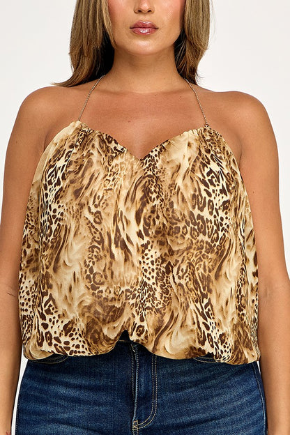 Animal Sleeveless Chain Halter Neck Print Top