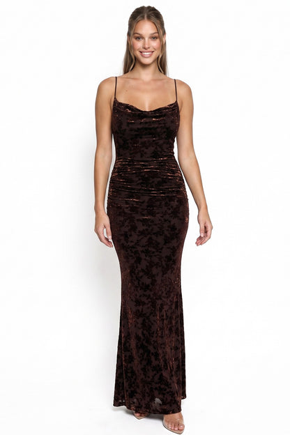 Floral Velvet Burnout Cowl Neck Open Back Sleeveless Maxi Dress