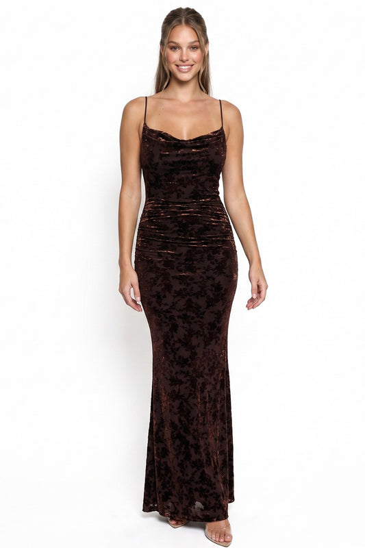 Floral Velvet Burnout Cowl Neck Open Back Sleeveless Maxi Dress
