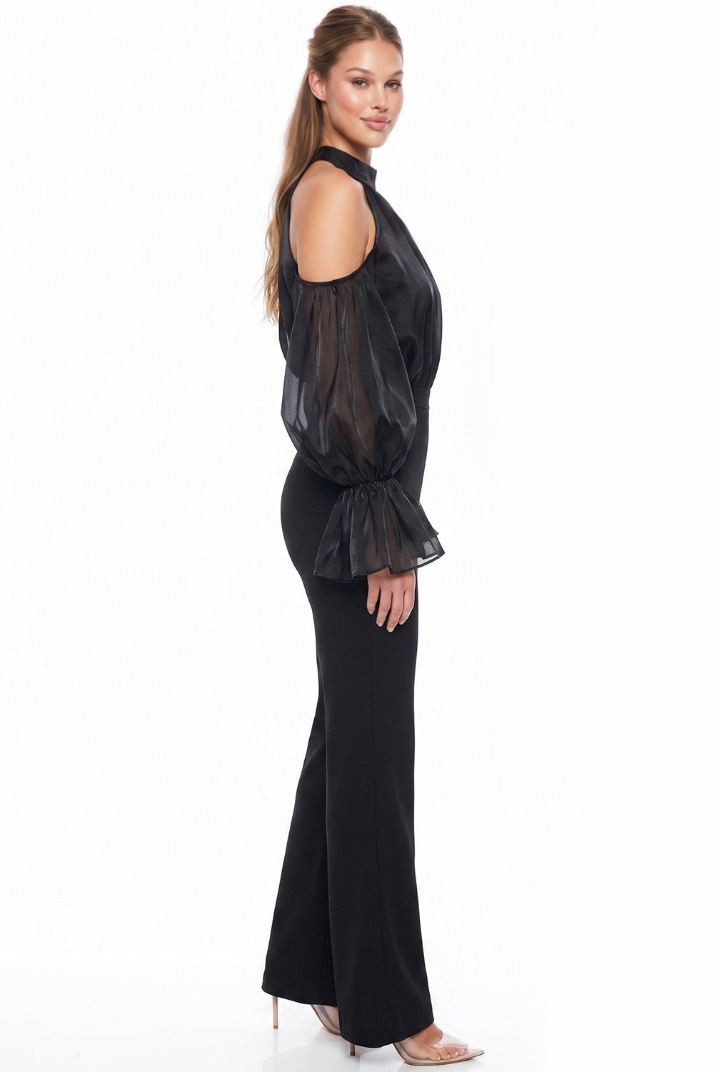 Chiffon Cold Shoulder Balloon Sleeve Jumpsuit
