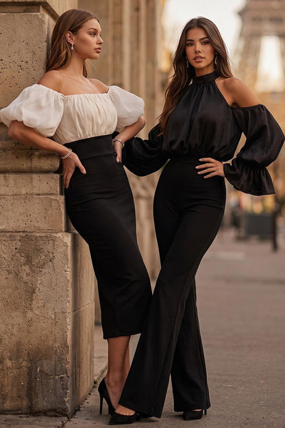Chiffon Cold Shoulder Balloon Sleeve Jumpsuit