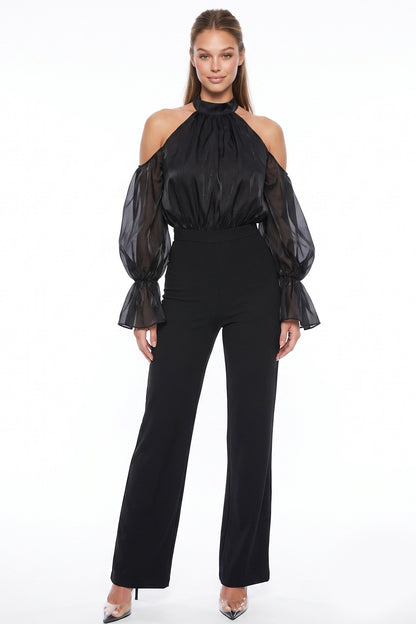 Chiffon Cold Shoulder Balloon Sleeve Jumpsuit