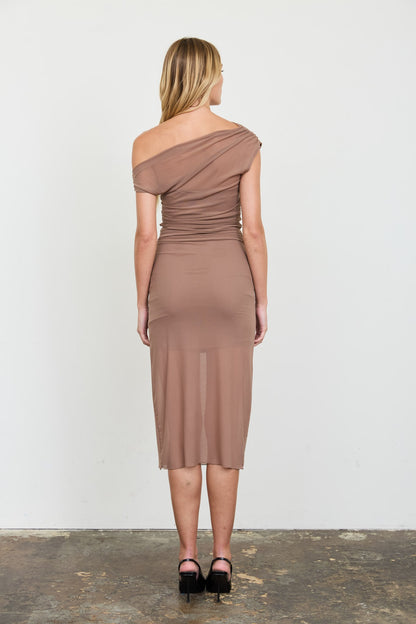 Asymmetric Off-the-shoulder Sheer Midi Dress