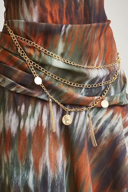 Chain Belt Abstract Print Asymmetrical Maxi Dress