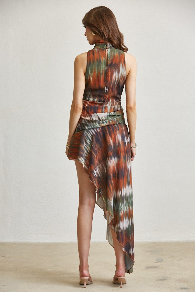 Chain Belt Abstract Print Asymmetrical Maxi Dress