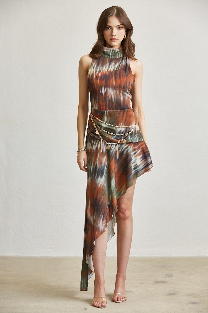 Chain Belt Abstract Print Asymmetrical Maxi Dress