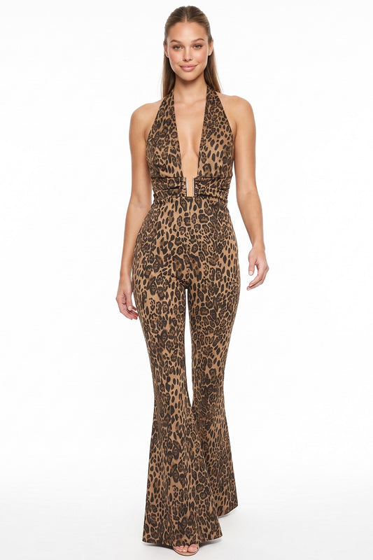 Leopard Print Halter Flare Leg Jumpsuit