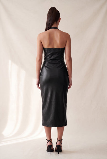 faux leather buckle halter midi dress