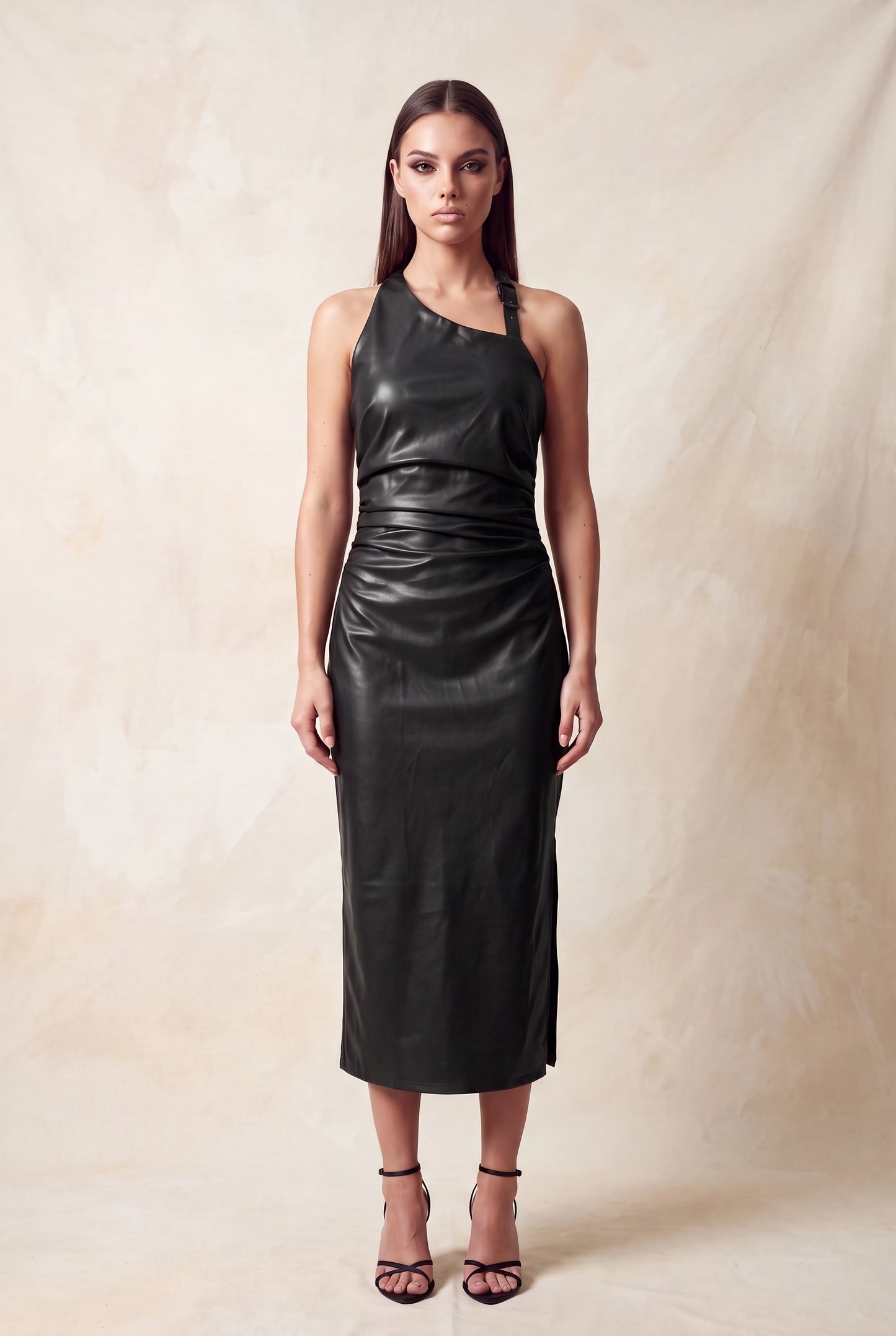 faux leather buckle halter midi dress