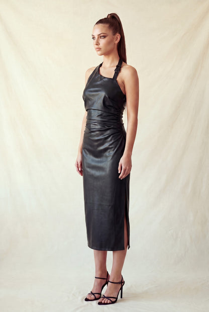 faux leather buckle halter midi dress