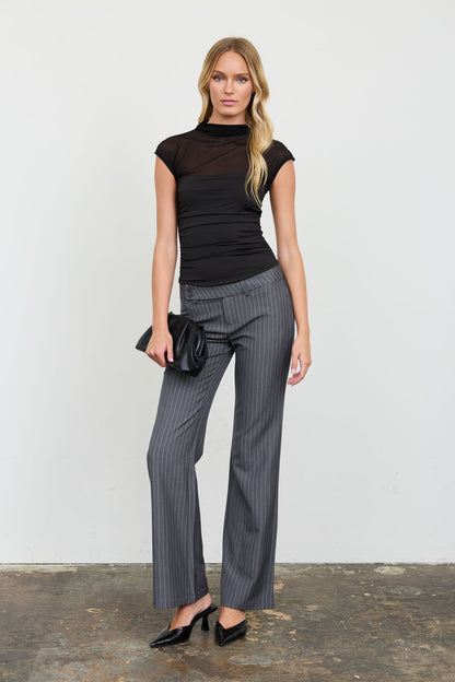 Sheer Yoke Mock Neck Ruched Short Sleeve Knit Top