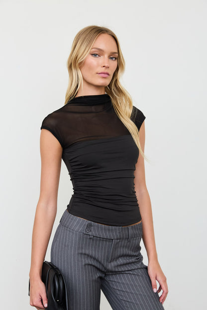 Sheer Yoke Mock Neck Ruched Short Sleeve Knit Top