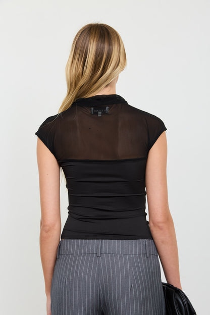 Sheer Yoke Mock Neck Ruched Short Sleeve Knit Top