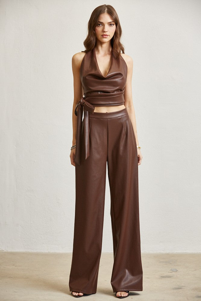 2pc set- faux leather cowl halter top & wide leg pants