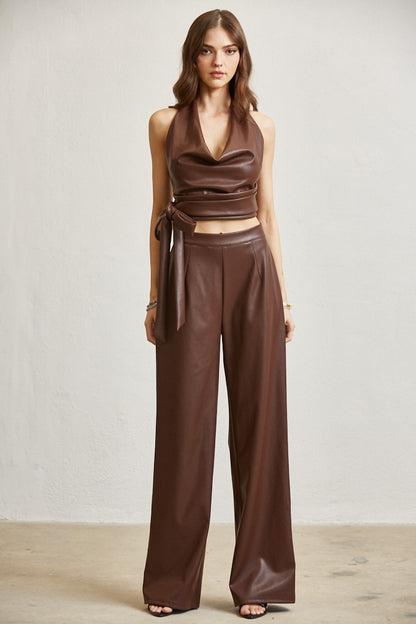 2pc set- faux leather cowl halter top & wide leg pants