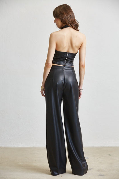 2pc set- faux leather cowl halter top & wide leg pants