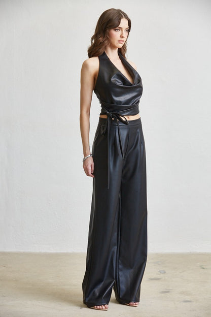 2pc set- faux leather cowl halter top & wide leg pants