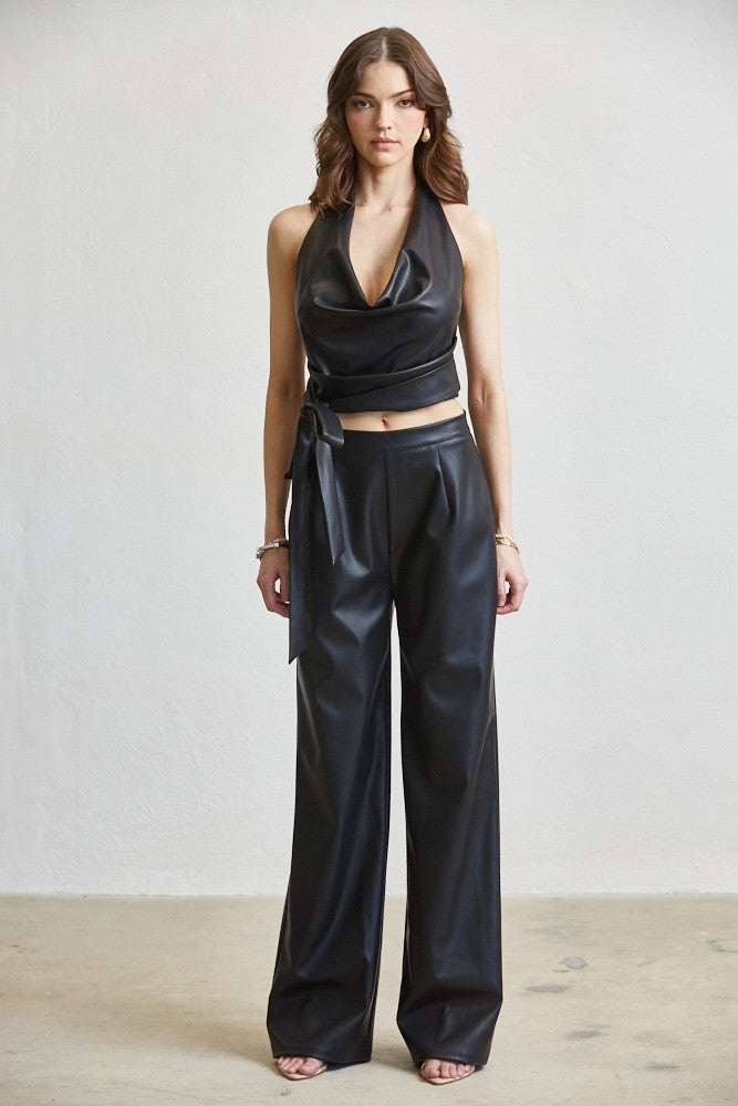 2pc set- faux leather cowl halter top & wide leg pants