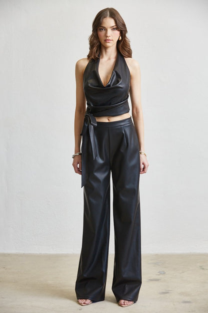 2pc set- faux leather cowl halter top & wide leg pants