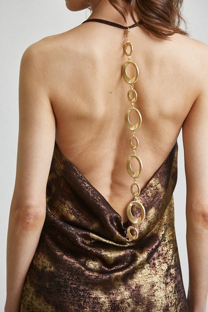 Metallic Print Cowl-neck Halter Maxi Dress