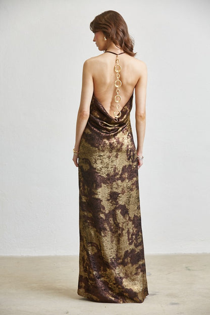 Metallic Print Cowl-neck Halter Maxi Dress