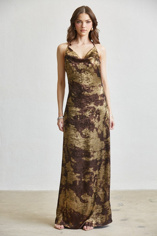 Metallic Print Cowl-neck Halter Maxi Dress
