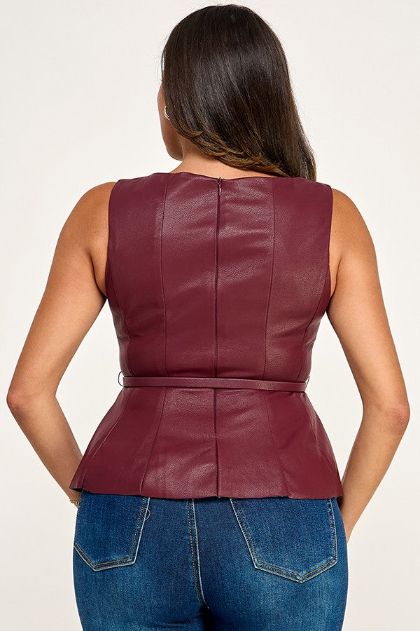 sleeveless belted faux leather peplum top