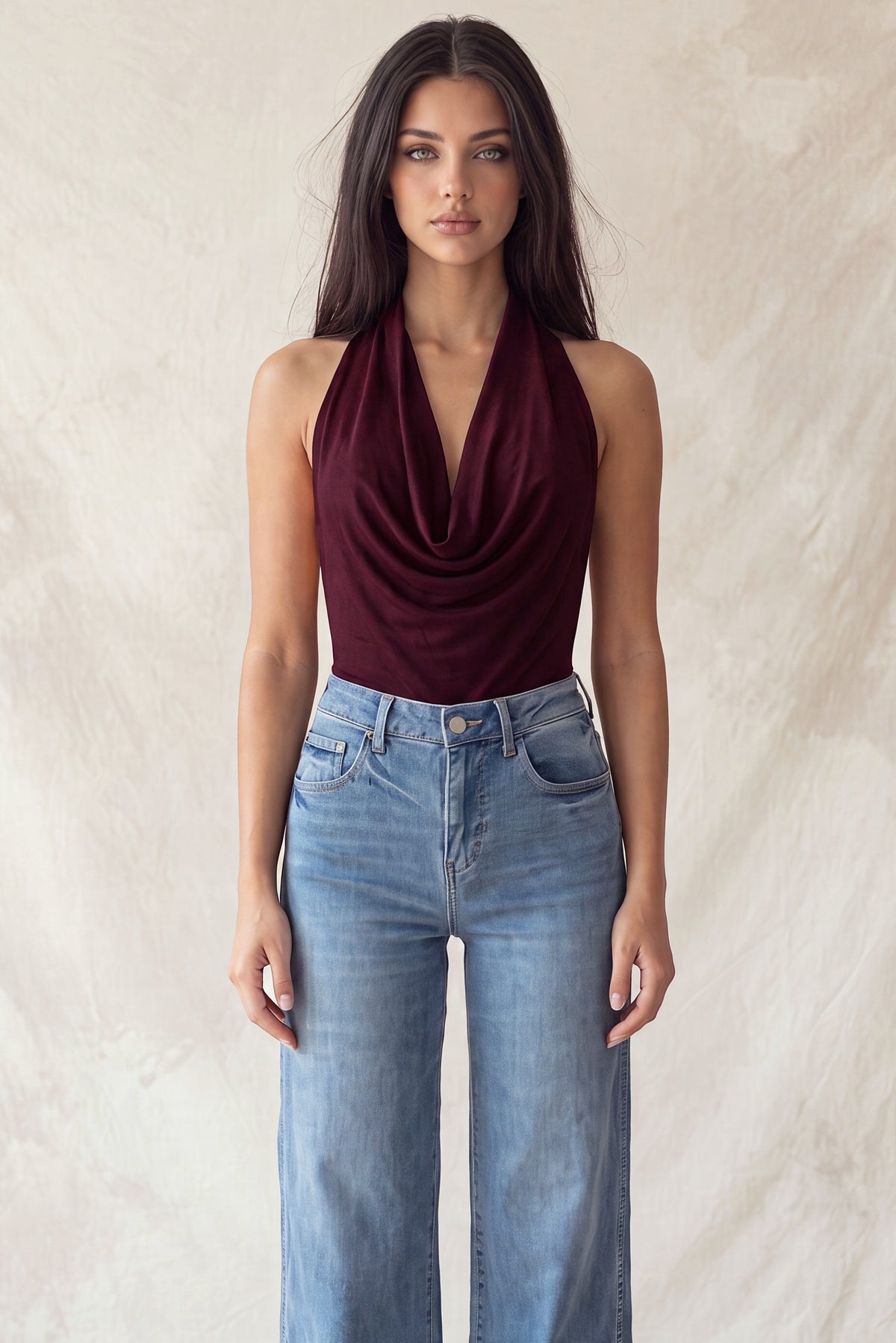 Faux Suede Cowl Neck Low-cut Back Bodysuit