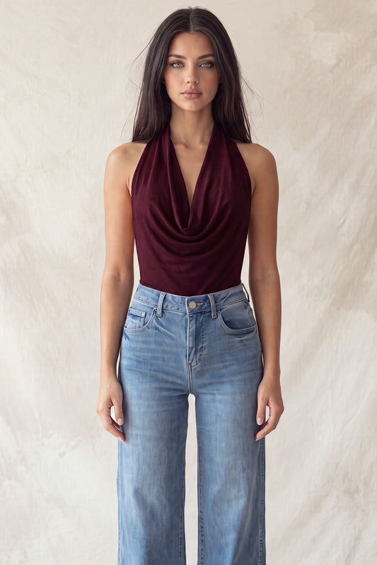 Faux Suede Cowl Neck Low-cut Back Bodysuit