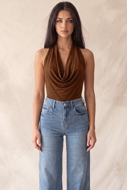 Faux Suede Cowl Neck Low-cut Back Bodysuit