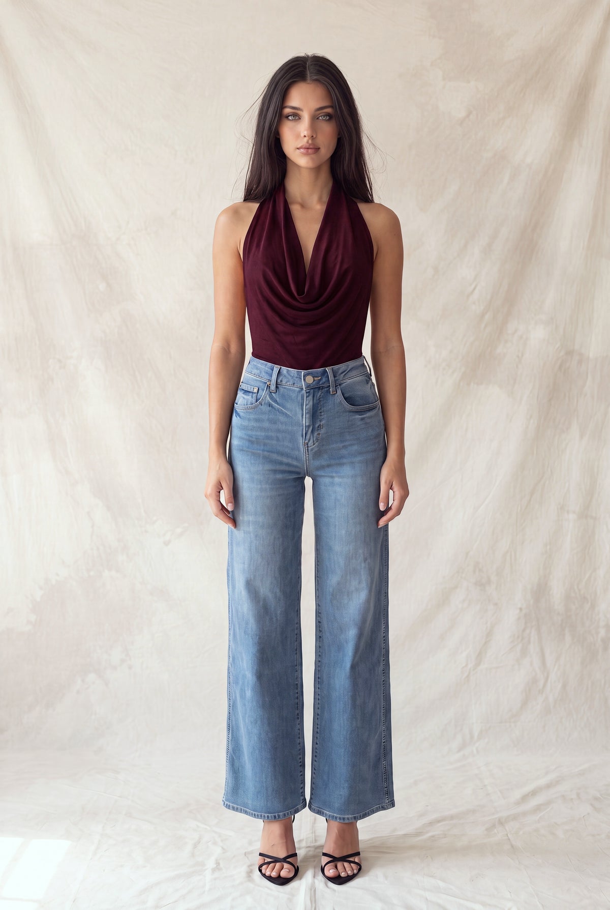 Faux Suede Cowl Neck Low-cut Back Bodysuit