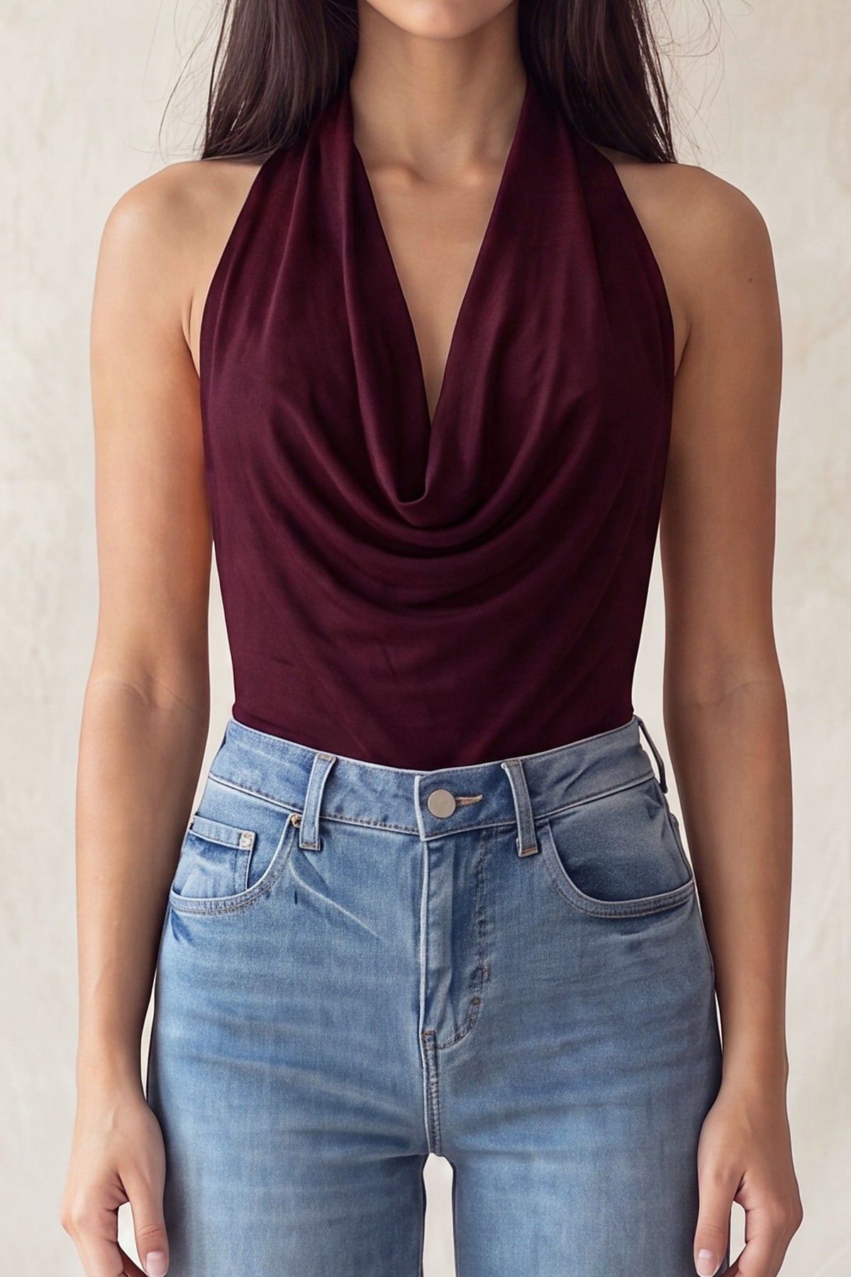 Faux Suede Cowl Neck Low-cut Back Bodysuit