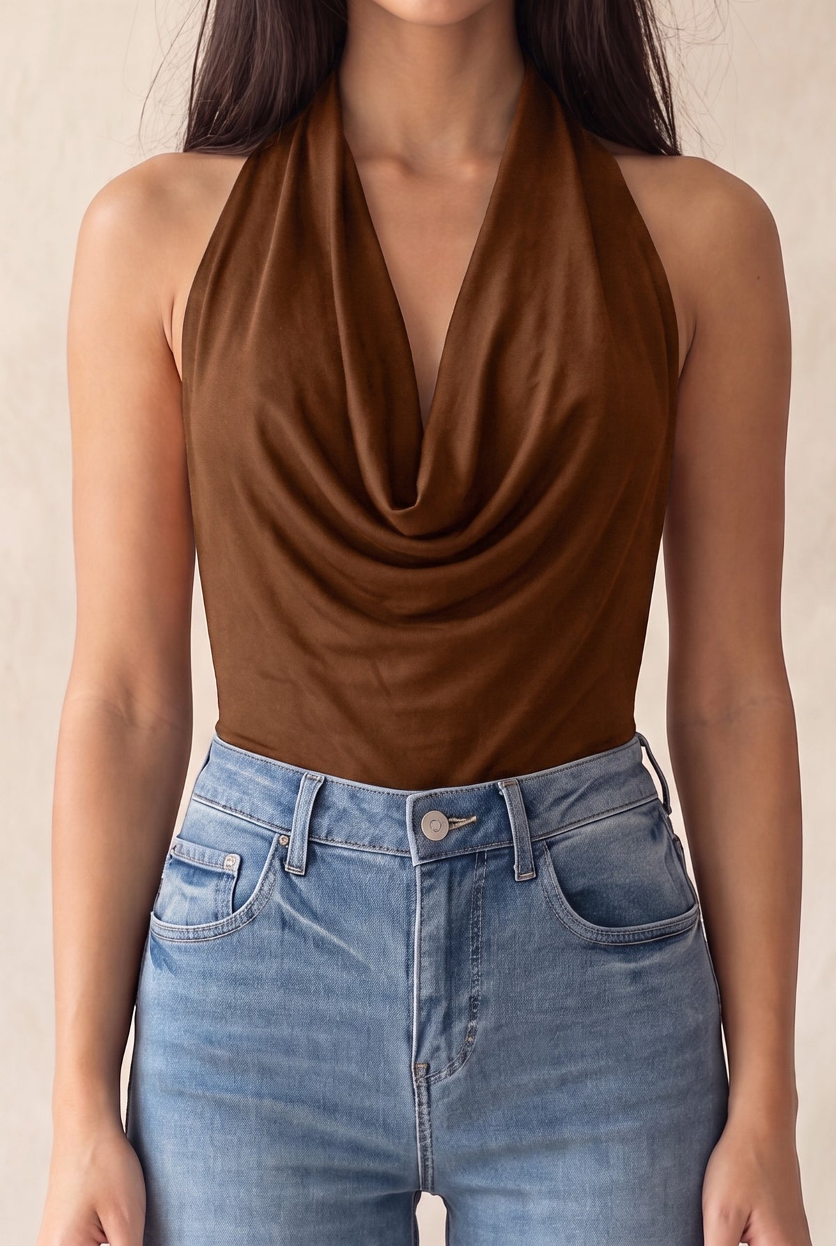 Faux Suede Cowl Neck Low-cut Back Bodysuit