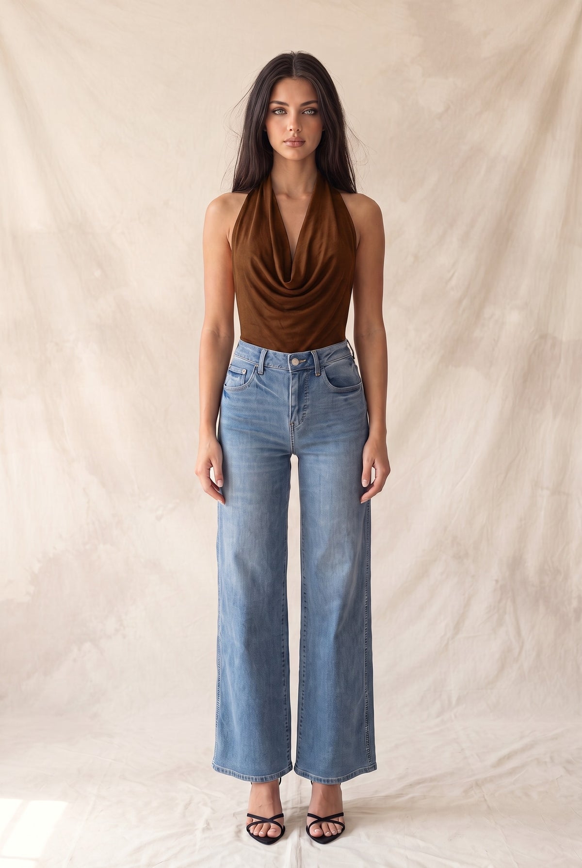 Faux Suede Cowl Neck Low-cut Back Bodysuit