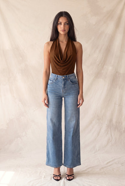 Faux Suede Cowl Neck Low-cut Back Bodysuit