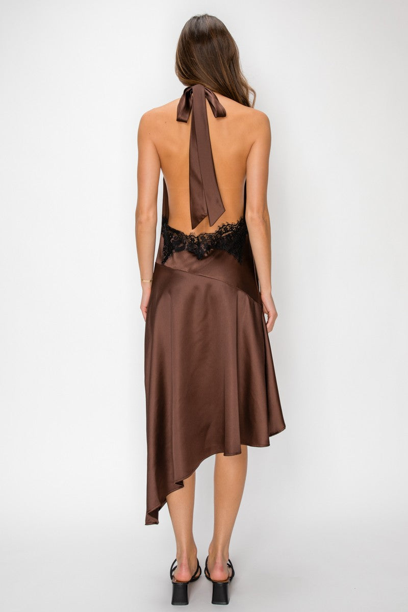 Satin Cowl Halter Open Back Lace Trim Sleeveless Midi Dress