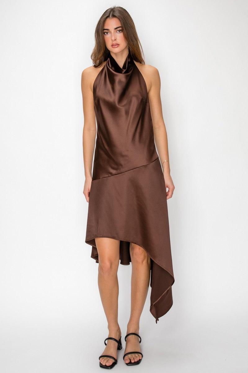 Satin Cowl Halter Open Back Lace Trim Sleeveless Midi Dress