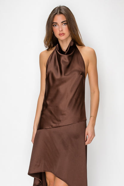 Satin Cowl Halter Open Back Lace Trim Sleeveless Midi Dress
