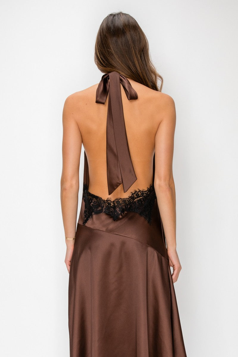 Satin Cowl Halter Open Back Lace Trim Sleeveless Midi Dress
