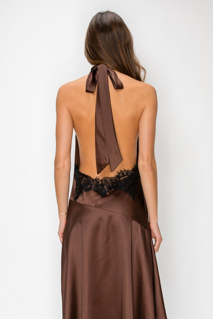 Satin Cowl Halter Open Back Lace Trim Sleeveless Midi Dress