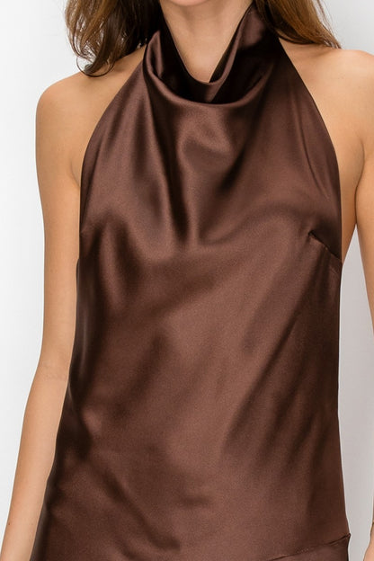 Satin Cowl Halter Open Back Lace Trim Sleeveless Midi Dress