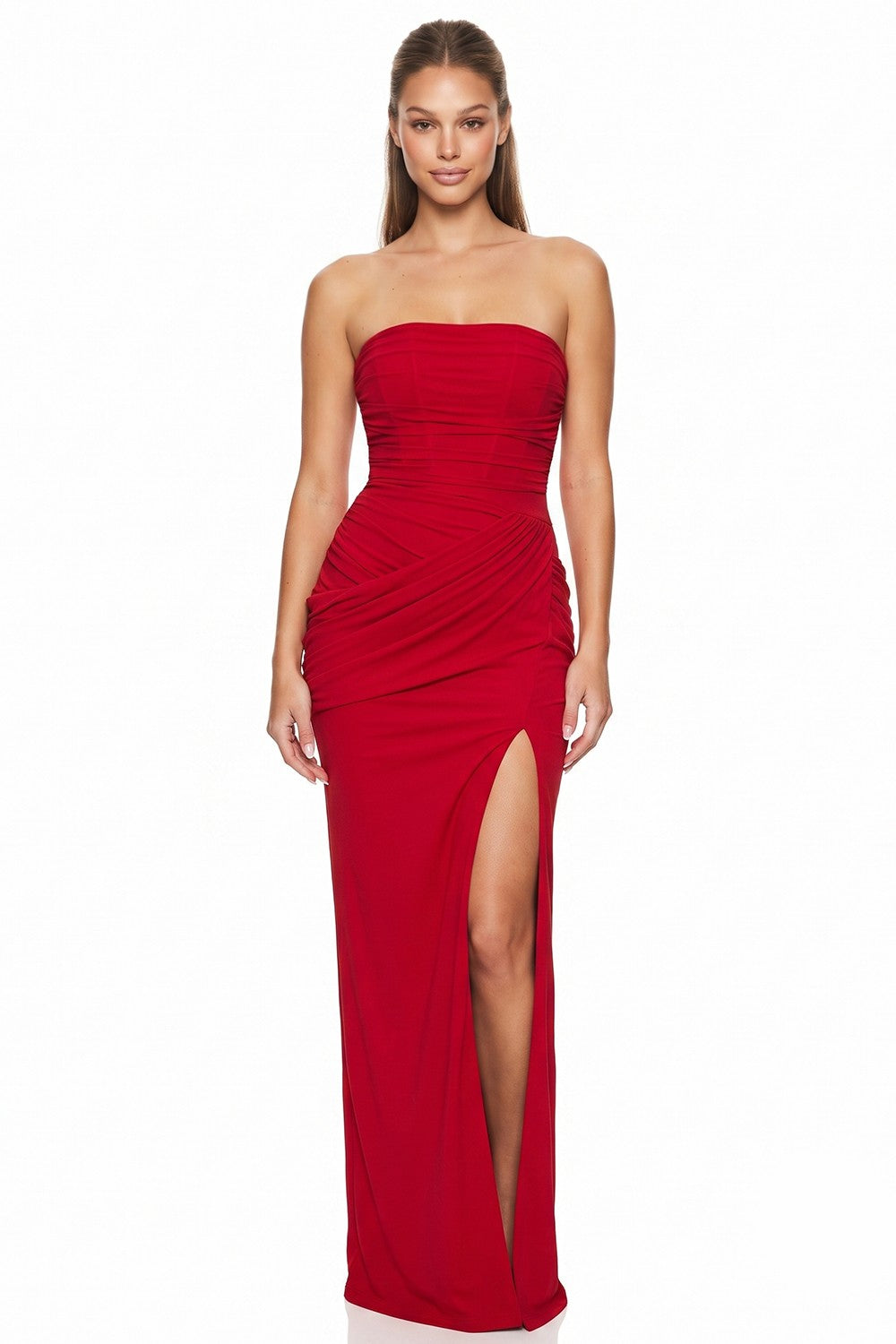 Strapless Mesh Ruched Drape Maxi Dress